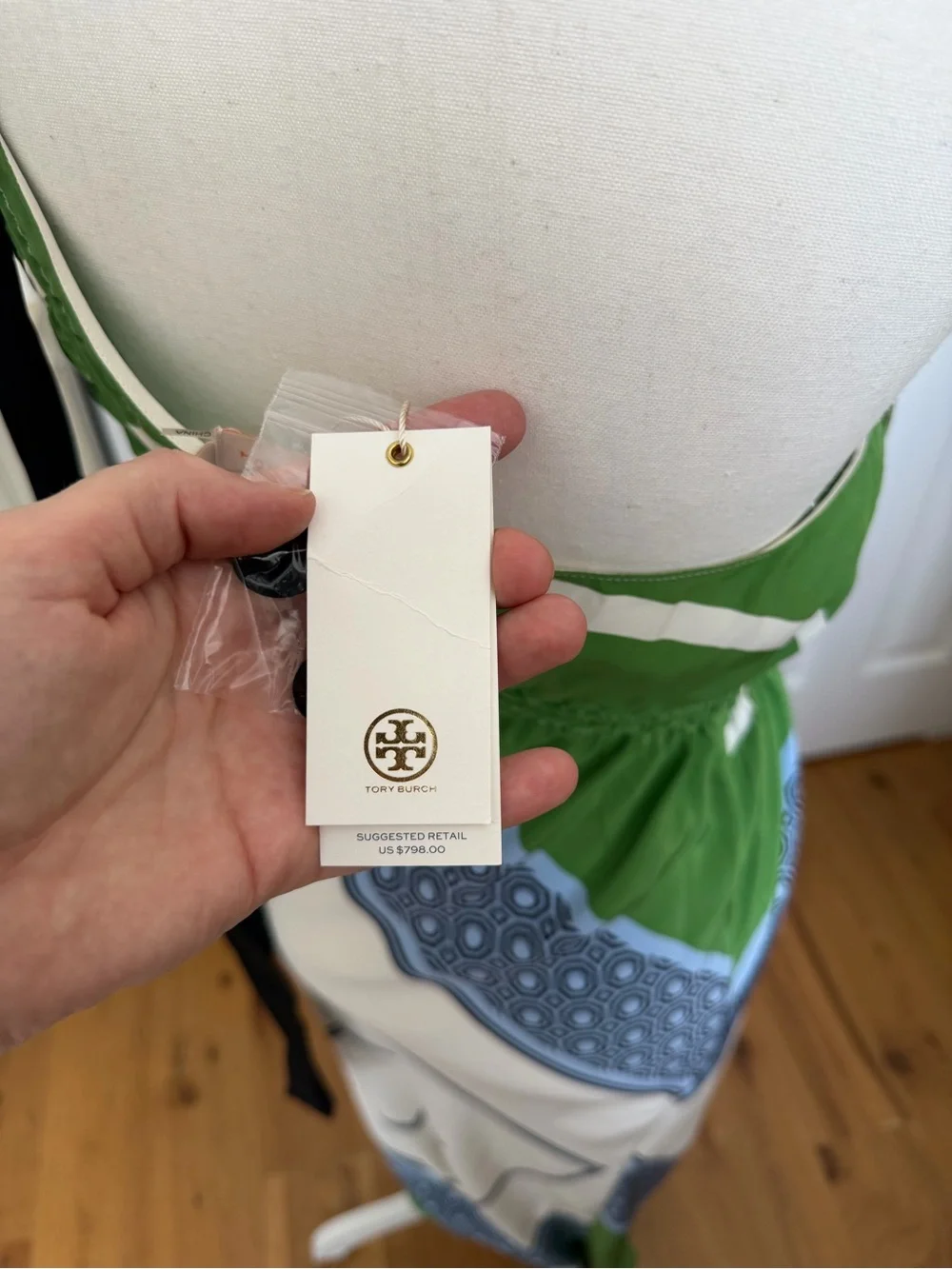 Tory Burch Green, Cream & Blue One-Shoulder Geometric Maxi Dress